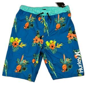 New Hurley Boys Parrot Floral Swim‎ Trunks Blue Boardshorts Swim Shorts XL
